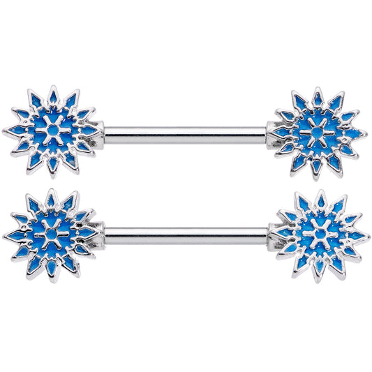 14G 9/16 Blue Winter Snowflake Christmas Barbell Nipple Ring Set