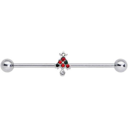 14G Clear Red Green Gem Christmas Tree Industrial Barbell 38mm