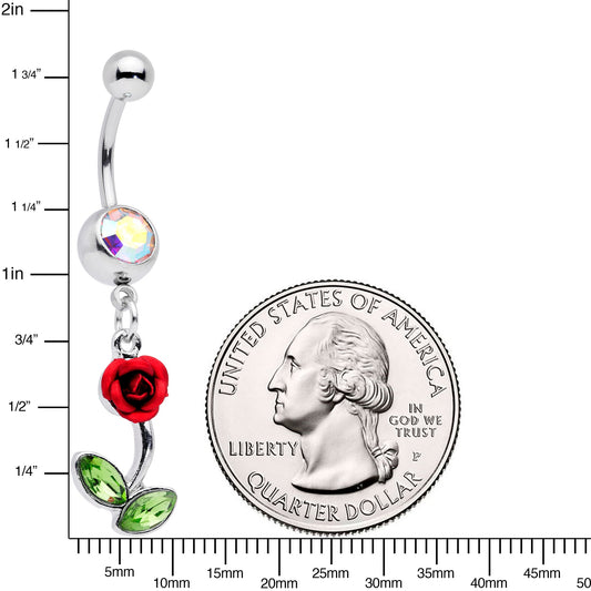Green Aurora Gem Red Rose Valentines Day Dangle Belly Ring
