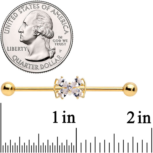 14G Clear CZ Gem Gold Tone Beauty Bow Industrial Barbell 38mm