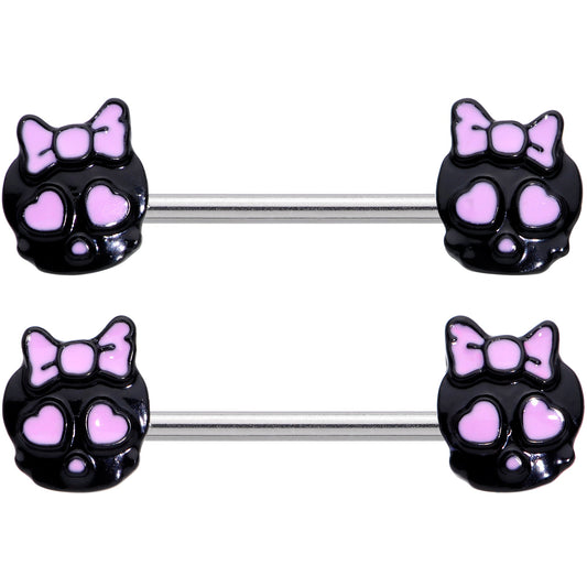 14G 9/16 Heart Bow Black Skull Halloween Barbell Nipple Ring Set