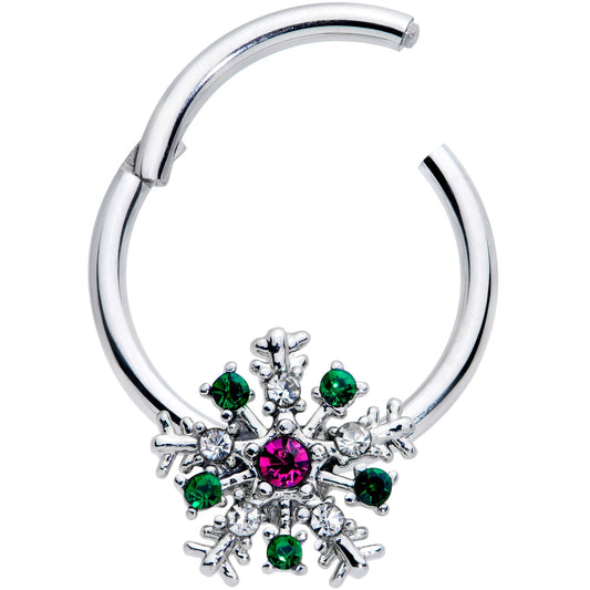16G 3/8 Clear Green Pink Gem Snowflake Hinged Segment Ring