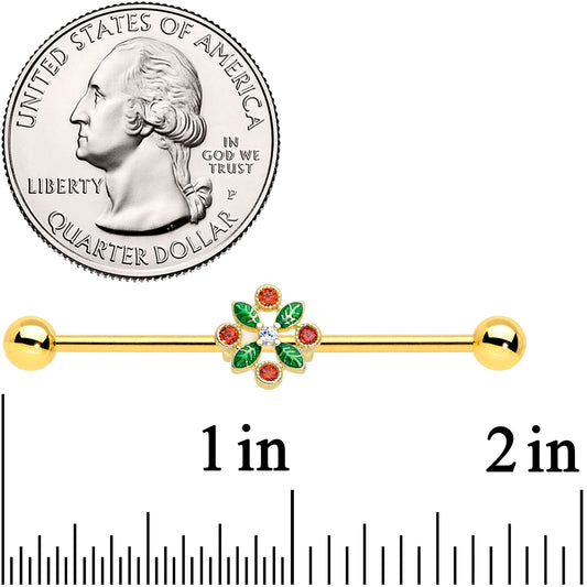 14G Red Gem Gold Tone Crest Christmas Industrial Barbell 38mm