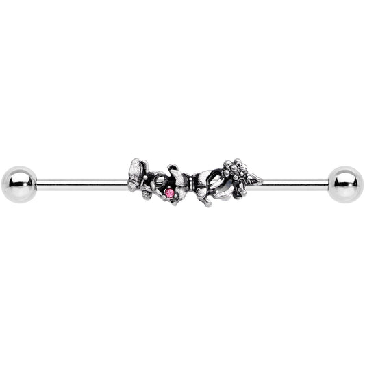 14G Pink Gem Butterfly Array Flower Industrial Barbell 38mm