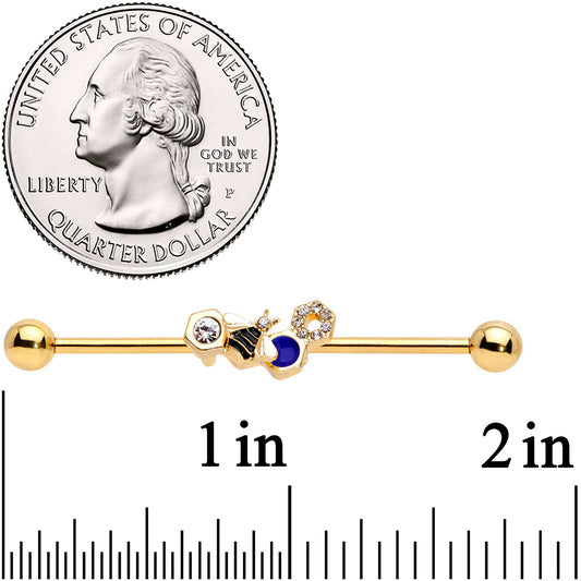 14G Clear CZ Gem Gold Tone Lovely Bee Industrial Barbell 38mm