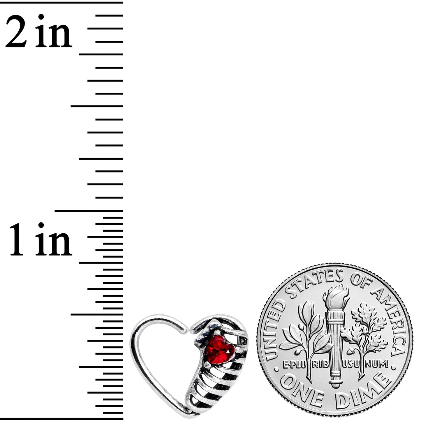 16G 1/4 Red CZ Gem Heart Ribs Halloween Left Side Closure Ring