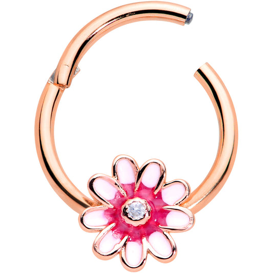 16G 3/8 Clear Gem Rose Gold Tone Pink Flower Hinged Segment Ring