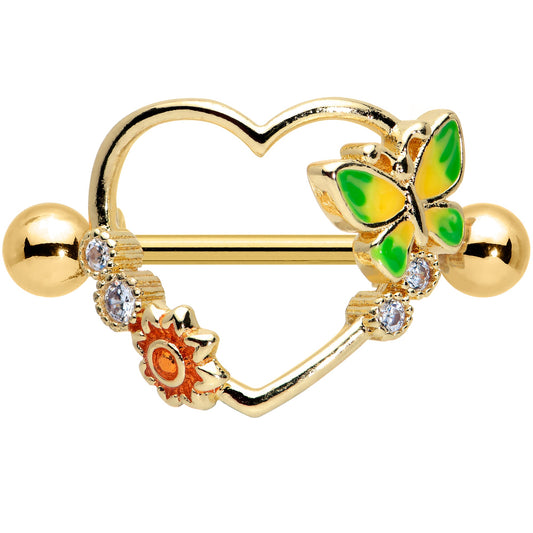 14G 9/16 Clear CZ Gem Gold Tone Butterfly Heart Nipple Shield Set