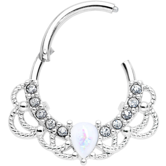 16G 3/8 White Faux Opal Lace Lover Hinged Segment Ring