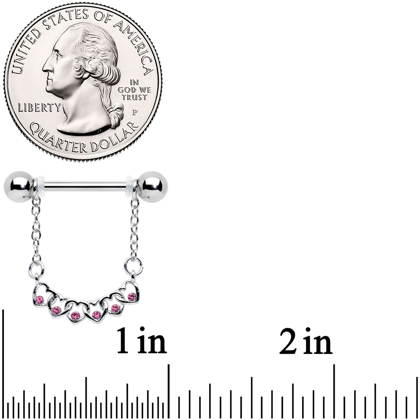 14G 9/16 Pink Gem Link Heart Valentine Dangle Nipple Ring Set