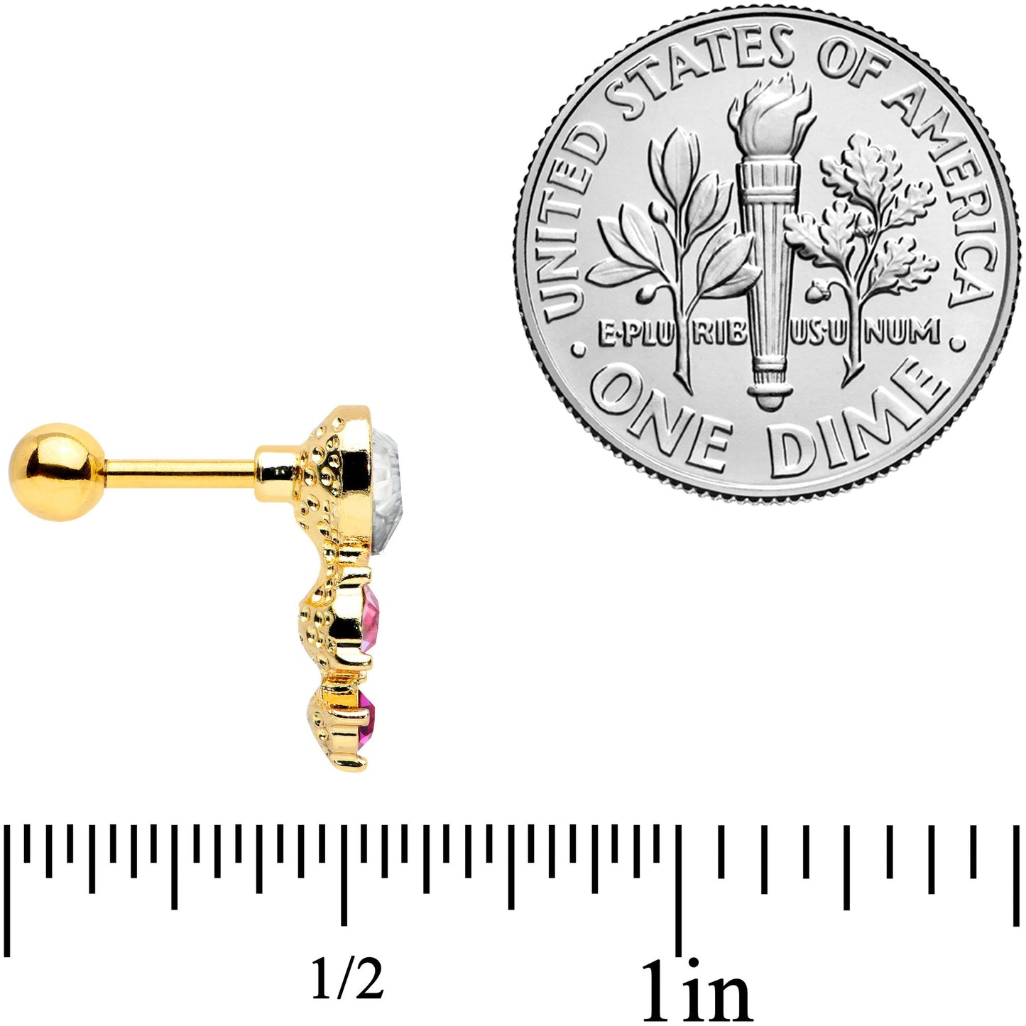 16G 1/4 Clear Pink Gem Gold Tone Heart Cartilage Tragus Earring