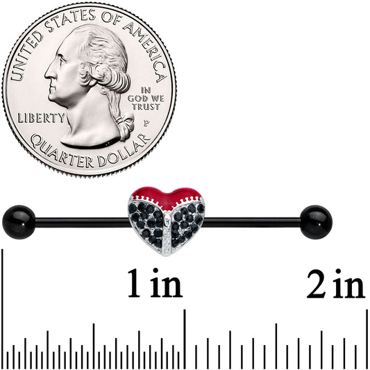 14G Black CZ Gem Black Unzipped Heart Industrial Barbell 38mm