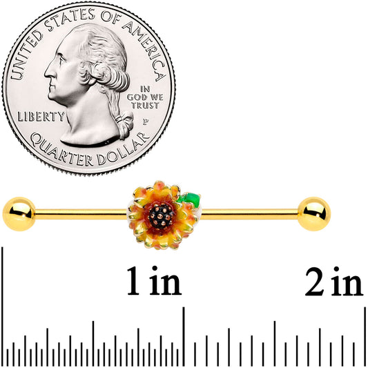 14G Gold Tone Summer Sunflower Industrial Barbell 38mm