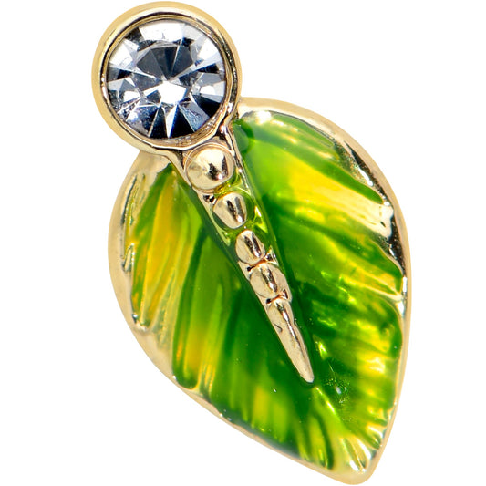 20G 1/4 Clear Gem Gold Tone Lush Green Leaf Nose Bone