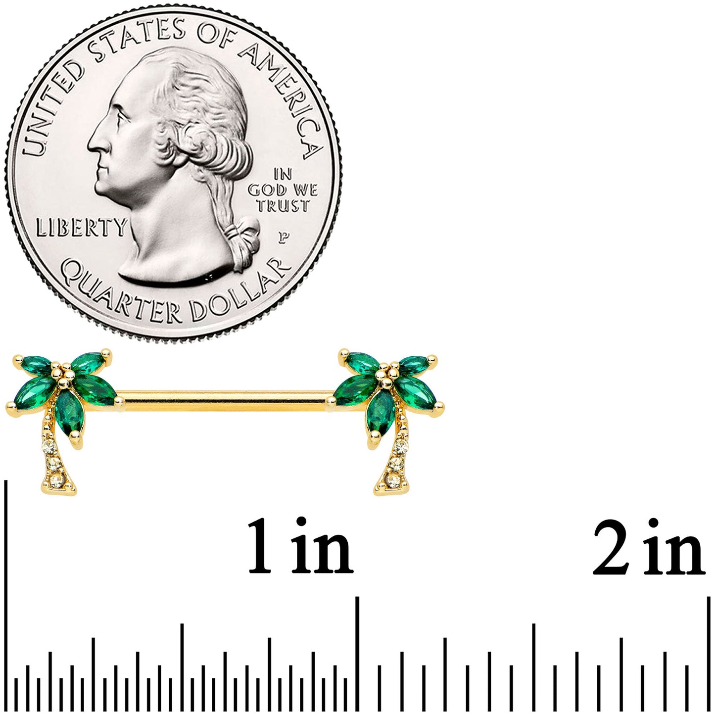 14G 9/16 Clear Green Gem Gold Tone Palm Tree Nipple Ring Set