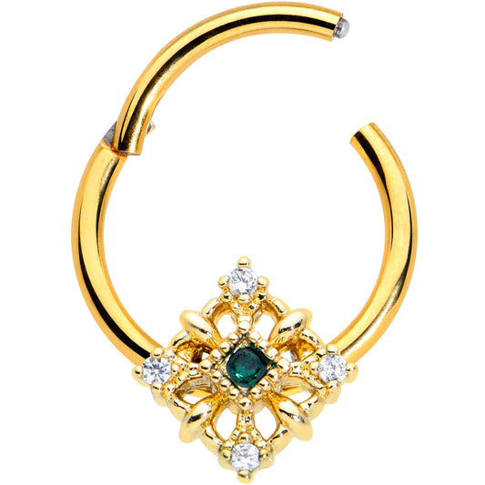 16G 3/8 Clear Green Gem Gold Hue Noble Square Hinged Segment Ring