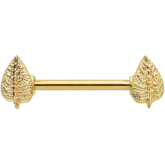14G 9/16 Gold Tone Autumn Textured Leaf Barbell Nipple Ring Set