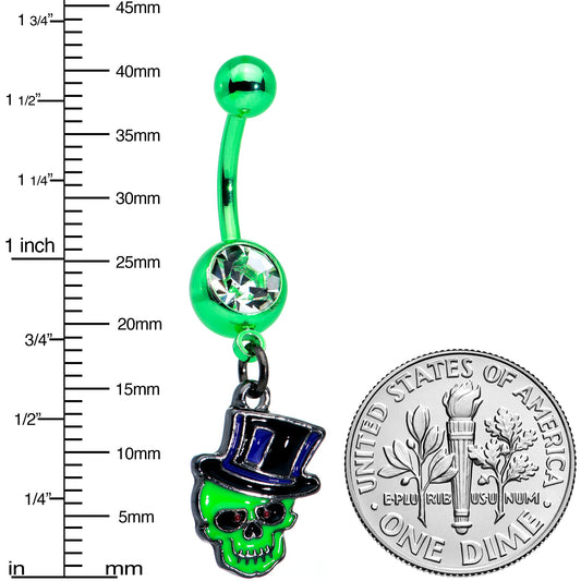 Clear Gem Green Top Hat Skull Halloween Dangle Belly Ring