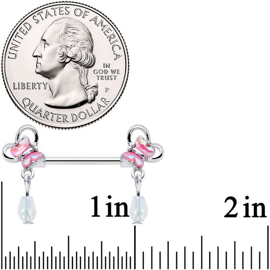 14G 9/16 Heart Pink Butterfly Dangle Barbell Nipple Ring Set