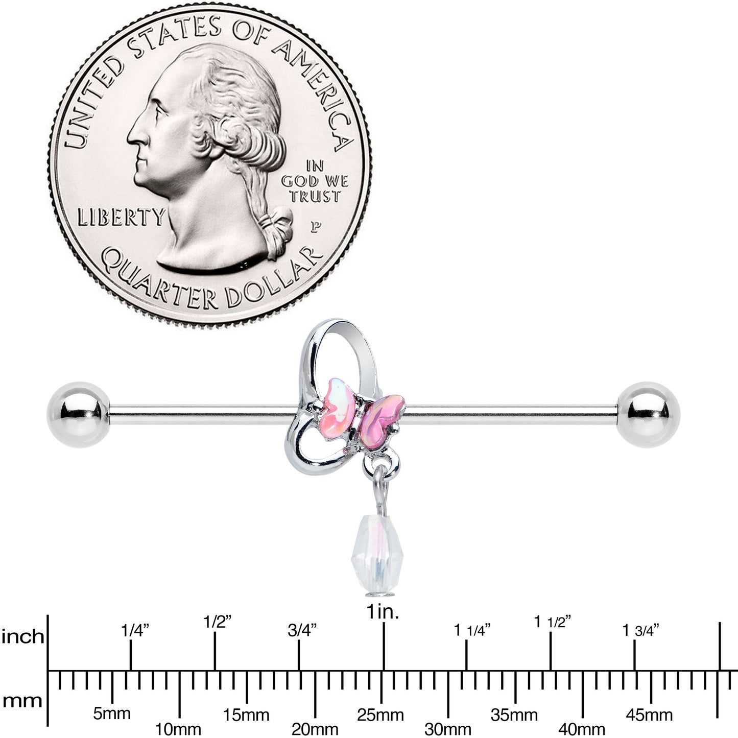 14G Heart Pink Butterfly Dangle Industrial Barbell 38mm