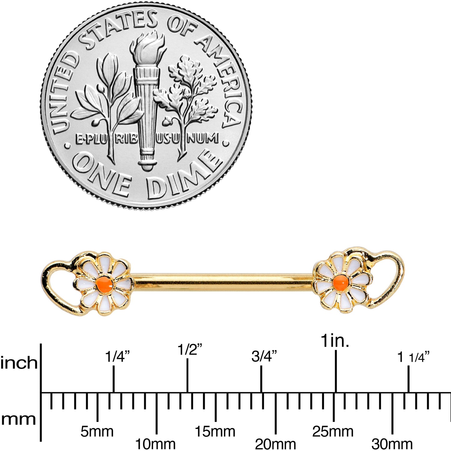 14G 9/16 Gold Tone Daisy Flower Heart Barbell Nipple Ring Set