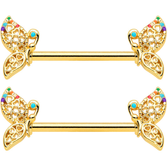 14G 9/16 Clear CZ Gem Gold Tone Heart Butterfly Nipple Ring Set