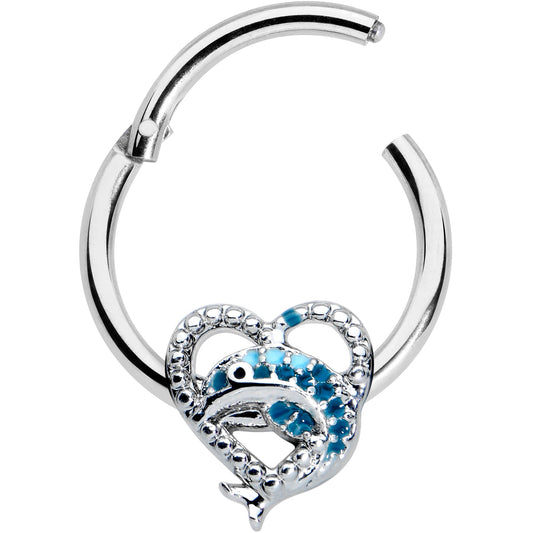 16G 3/8 Textured Blue Dolphin Heart Hinged Segment Ring
