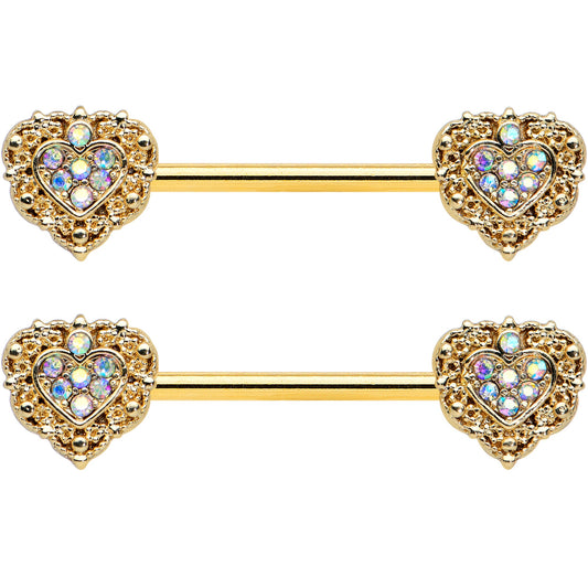 14G 9/16 Aurora Gem Gold Tone Baroque Heart Nipple Ring Set