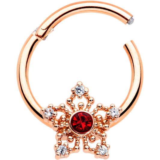 16G 3/8 Red Gem Rosy Hue Texture Snowflake Hinged Segment Ring