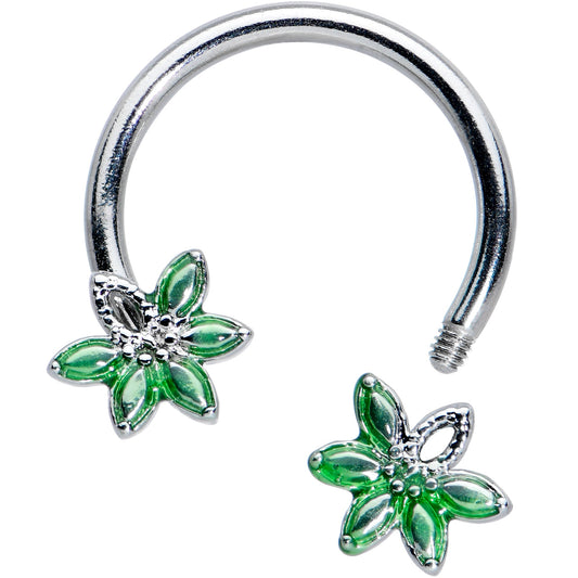 16G 3/8 Green Gem Texture Loopy Pot Leaf Horseshoe Curved Barbell