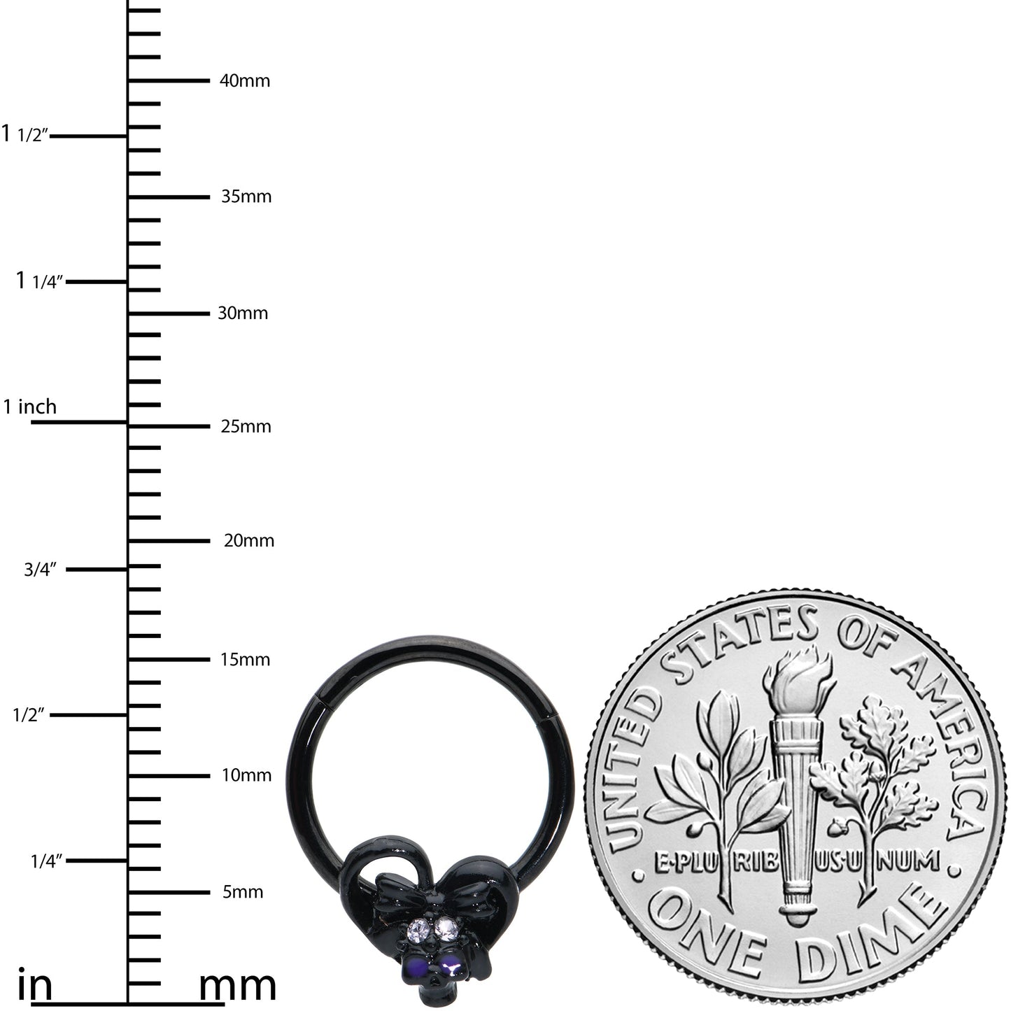 16G 3/8 Clear Gem Black Heart Skull Bow Hinged Segment Ring