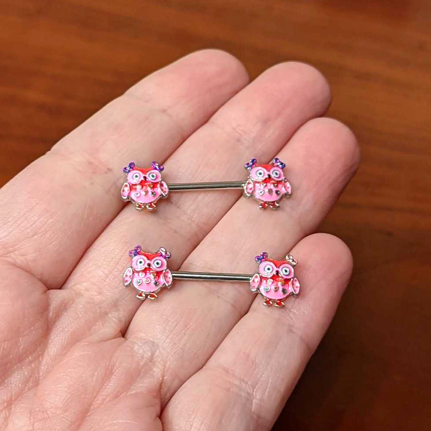 14G 9/16 Bow Pink Heart Owls Barbell Nipple Ring Set