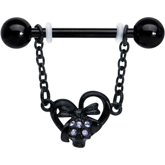 14G 9/16 Clear Gem Black Skull Bow Heart Dangle Nipple Ring Set