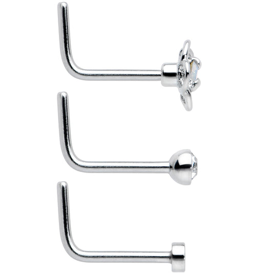 20G 1/4 Clear CZ Gem Flower Disc L Shape Nose Ring Set of 6