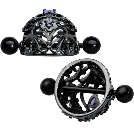 14G 9/16 Purple Gem Black Regal Crown Heart Nipple Shield Set