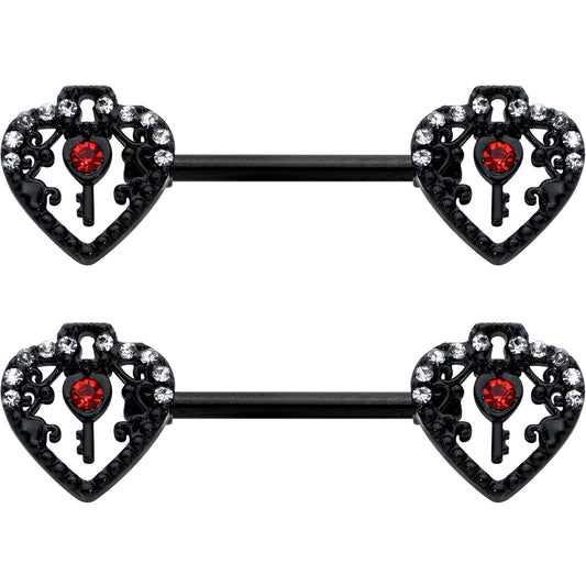 14G 9/16 Red Clear Gem Black Key Heart Barbell Nipple Ring Set