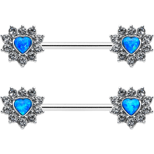 14G 9/16 Blue Synthetic Opal Sun Heart Nipple Ring Set