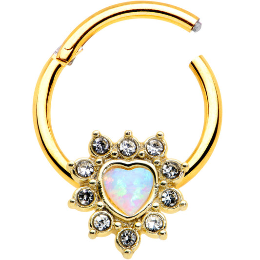 16G 3/8 White Faux Opal Gold Tone Sun Heart Hinged Segment Ring