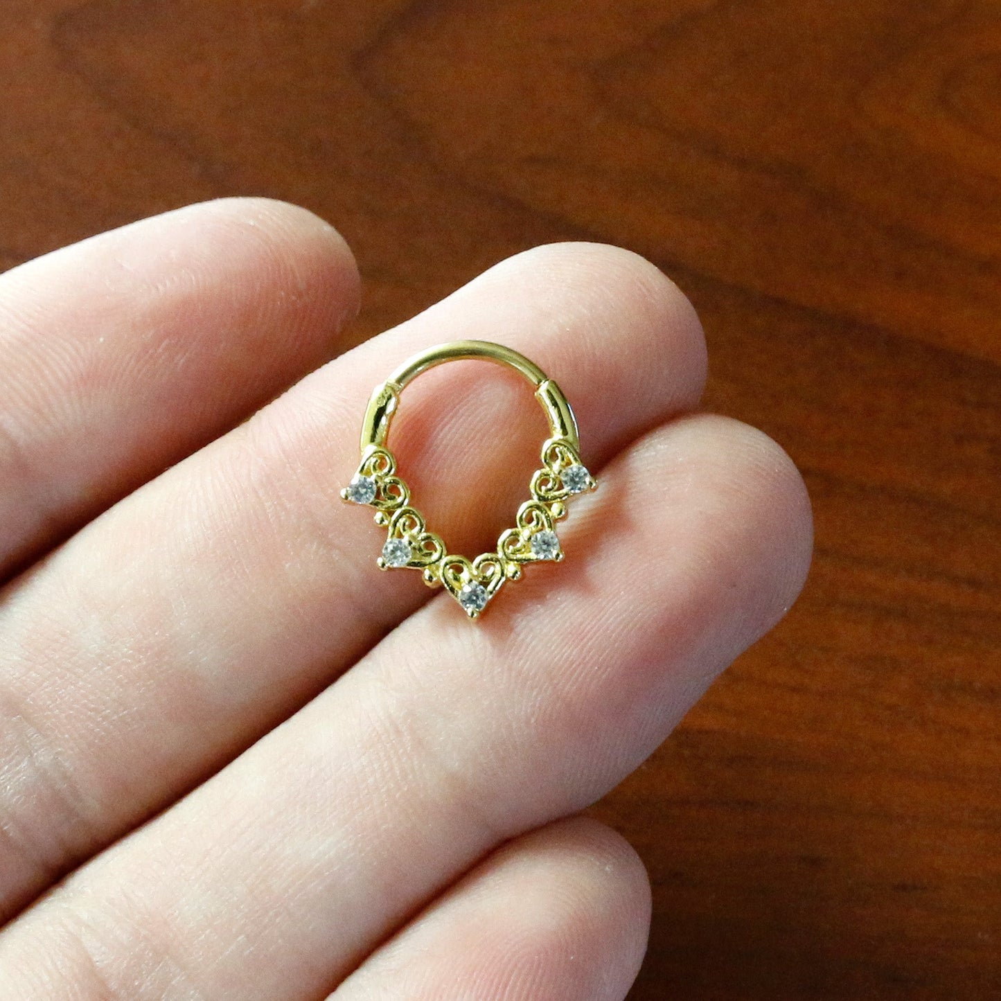 16G 3/8 Clear CZ Gem Gold Tone Heart Filigree Cartilage Clicker