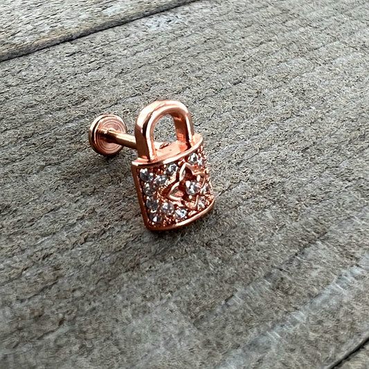 16G 5/16 Clear CZ Gem Rose Gold Tone Lock It Up Labret Tragus
