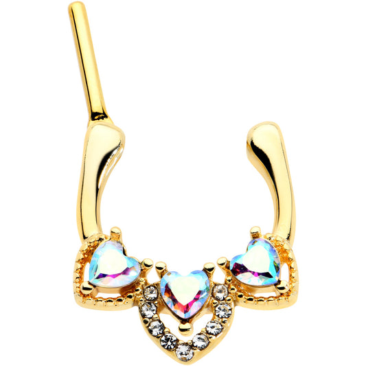 16G 5/16 Clear Aurora Gem Gold Tone Trio Heart Cartilage Clicker