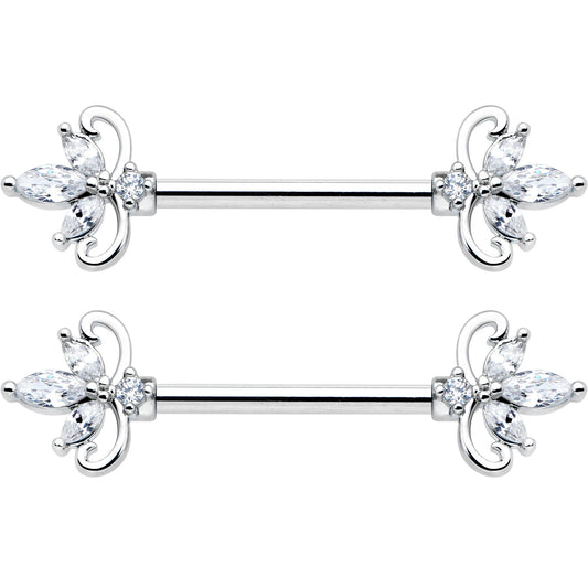 14G 9/16 Clear CZ Gem Double Heart Baroque Barbell Nipple Ring Set