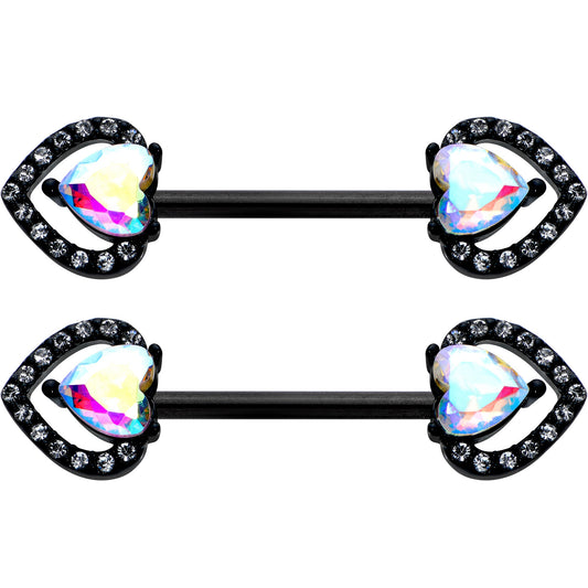 14 G 9/16 Aurora Gem Black Rococo Heart Barbell Nipple Ring Set