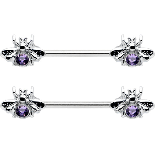 14G 9/16 Purple Gem Bee Beautiful Insect Barbell Nipple Ring Set