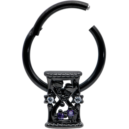 16G 3/8 Purple Gem Black Heart Goth Hourglass Hinged Segment Ring