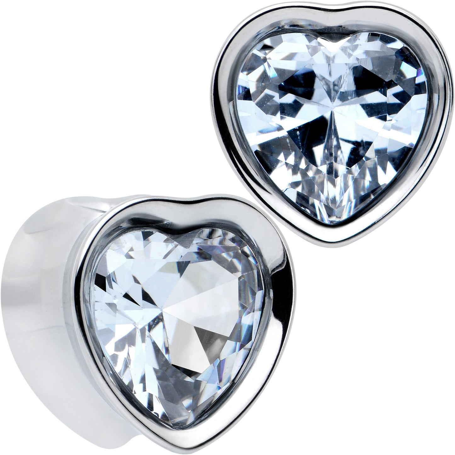 Stainless Steel CZ Gem Heart In Heart Double Flare Plug Set 8mm to 16mm