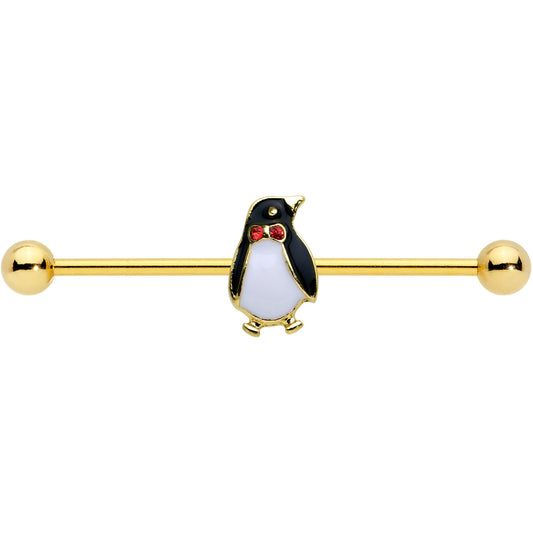 14G Red Gem Gold Tone Bow Tie Penguin Industrial Barbell 38mm
