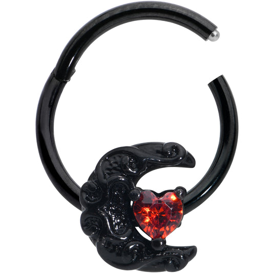 16G 3/8 Red CZ Gem Black Scroll Moon Heart Hinged Segment Ring