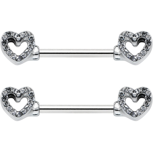 14G 9/16 Clear Gem Open Heart Valentine Barbell Nipple Ring Set