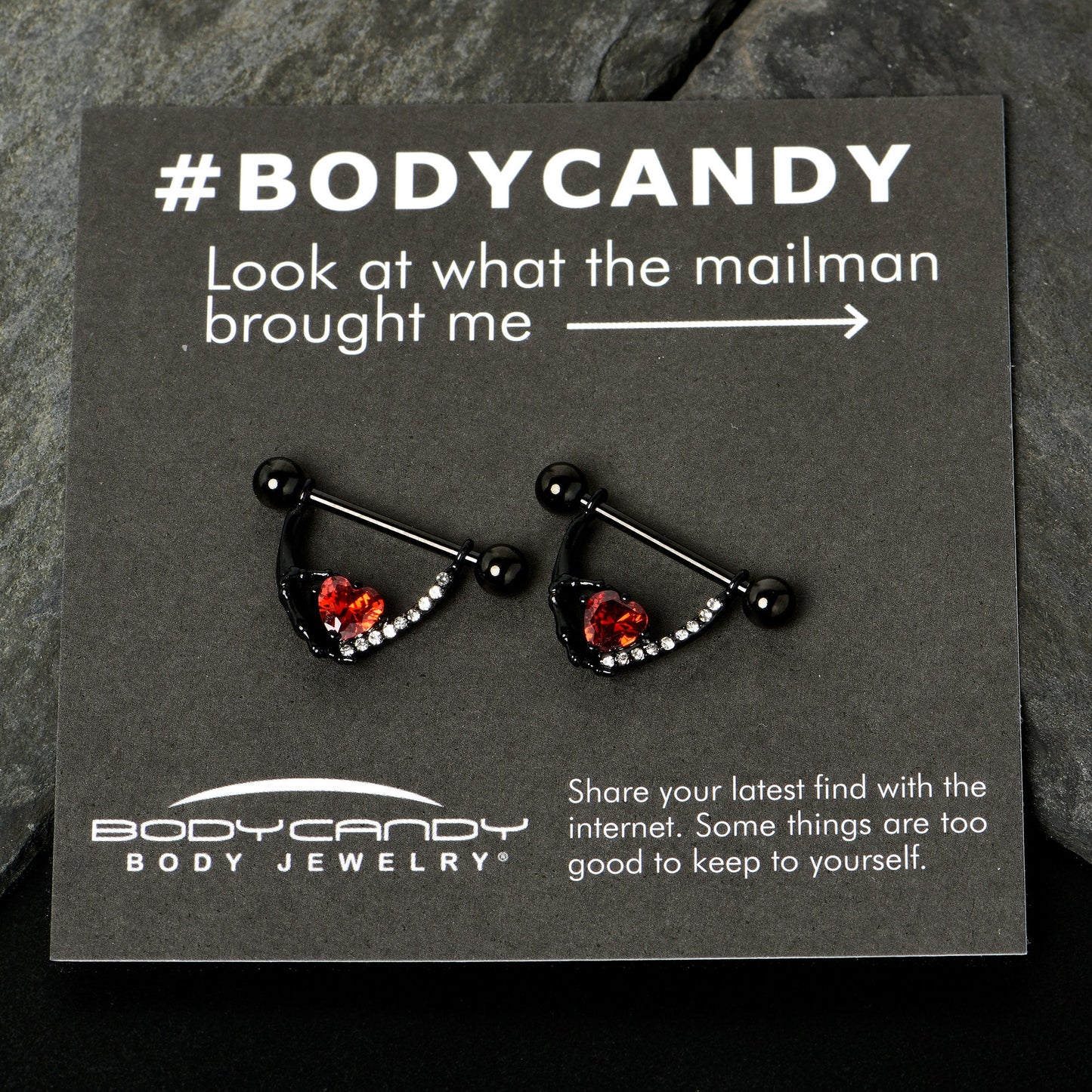 14G 11/16 Red Clear CZ Gem Heart Claw Hand Dangle Nipple Ring Set